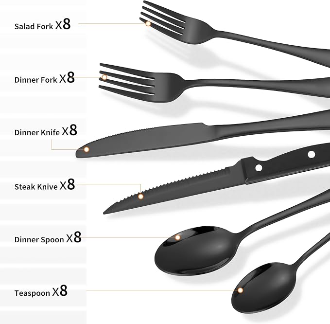 Lazycorner 53 Piece Black Silverware Set for 8, Flatware Set with Steak Knives for 8 and 5 Serving Use Set 18/10 Stainless Steel Serving Utensils Set Cutlery Set For Restaurant Hotel Dishwasher Safe