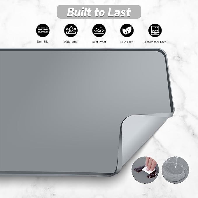 Garolue Silicone Coffee Mat,24"×16" Waterproof Heat Resistant Bar Mat for Espresso Machine Station Accessories,Non Slip Dish Drying Mat for Kitchen Counter,Home Decor Essentials,Grey