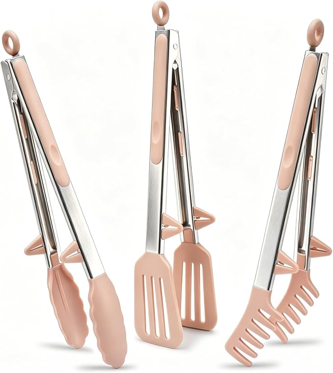 12" Kitchen Tongs for cooking with Silicone Tips, 3Pcs Serving Tongs, Pink | Small Silicone Tongs mit kickstand, Food Grade, 3 different type of tongs, Stainless Steel