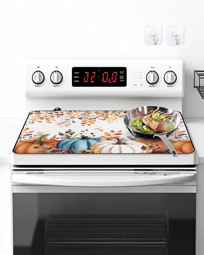 Stove Top Covers for Electric Stove 31x24 Inches, Fall Pumpkins HeatResistant Glass Cooktop Protector, Thanksgiving Weeping Leaves Watercolor Ceramic Stovetop Countertop Covers Vintage Mat, Oven Cover