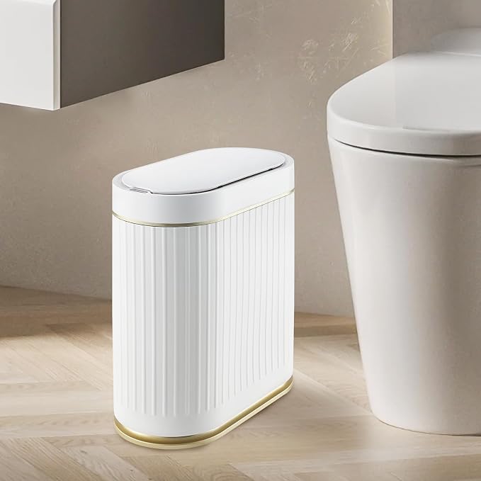 ELPHECO Slim Bathroom Trash Can with Lid, 2 Gallon White Golden | Smart Garbage Can, Plastic Wastebasket, Narrow Garbage Bin, Waterproof Bathroom Decor for Bedroom