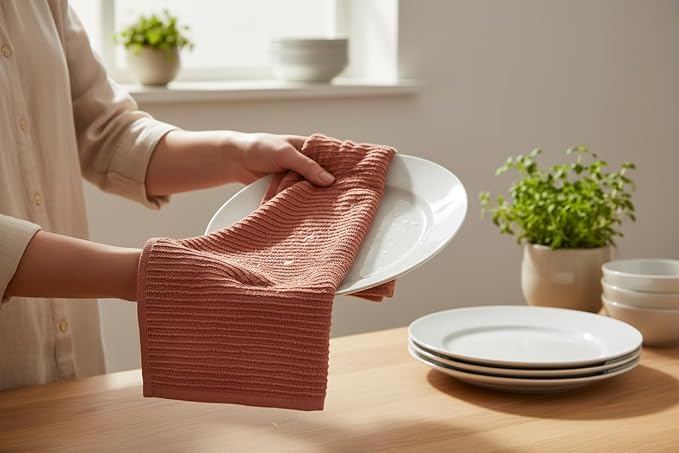 Peach Coral Salmon Kitchen Dish Towels, Set of 3, 100% Cotton, 18" x 28" | Terry Loop Ribbed Textured, Soft & Absorbent Cleaning Cloth, Quick Dry, Multipurpose for Everyday Use
