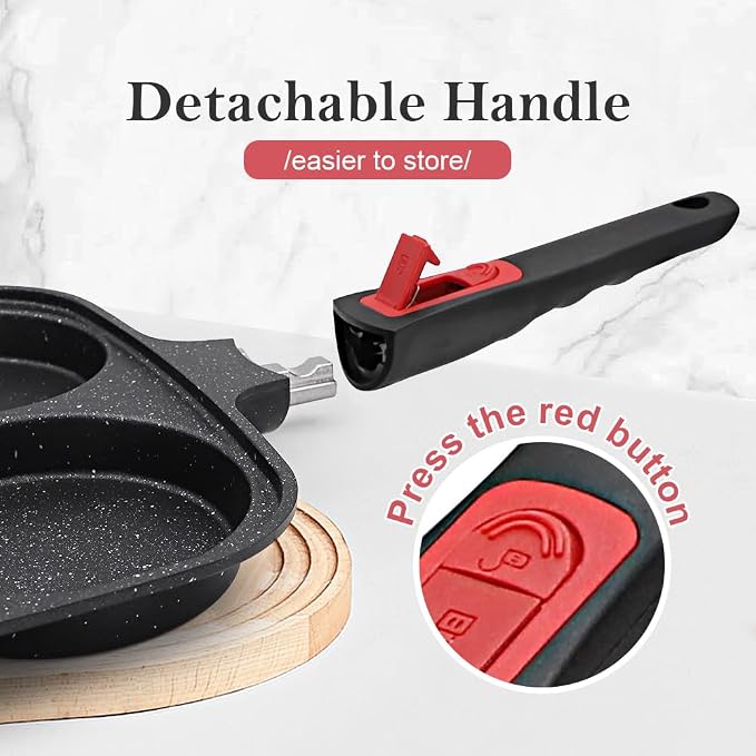 RANX INGST 10 inch Large Egg Pan with Lid, Nonstick 4-Cup Pancake Pan,Black | Omelette Skillet with Detachable Handle Induction Compatible