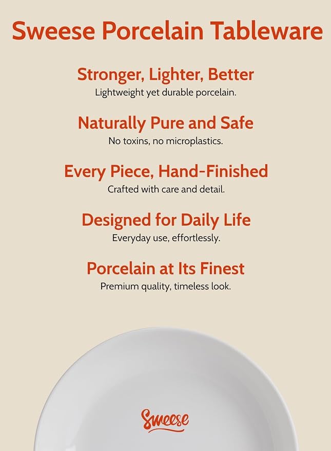 Sweese 22oz Porcelain Pasta Bowls Set of 6-7.6 Inch White Salad Serving Plates, Microwave Dishwasher Safe Dinnerware