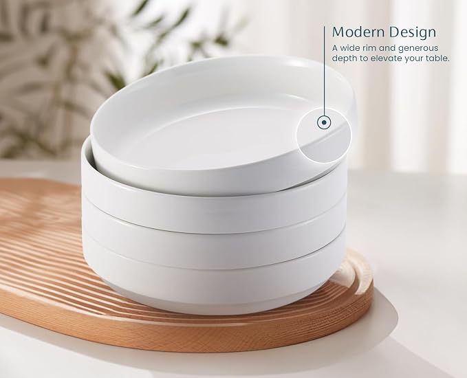KooK Pasta Bowl, Bowl Plate, Low Bowl, Plate Bowls, Ceramic Large Shallow Bowls, Microwave and Dishwasher Safe, Great for Soups and Salads, Glossy Porcelain, 47 oz, Set of 4, White