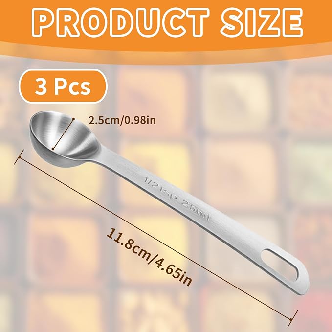 3 Pcs 2.5ml/ 1/2 Tsp Short Handle Scoops – Stainless Steel Measuring Spoons for Baking, Liquid Ingredients & Tea, Soup & Kitchen Cooking
