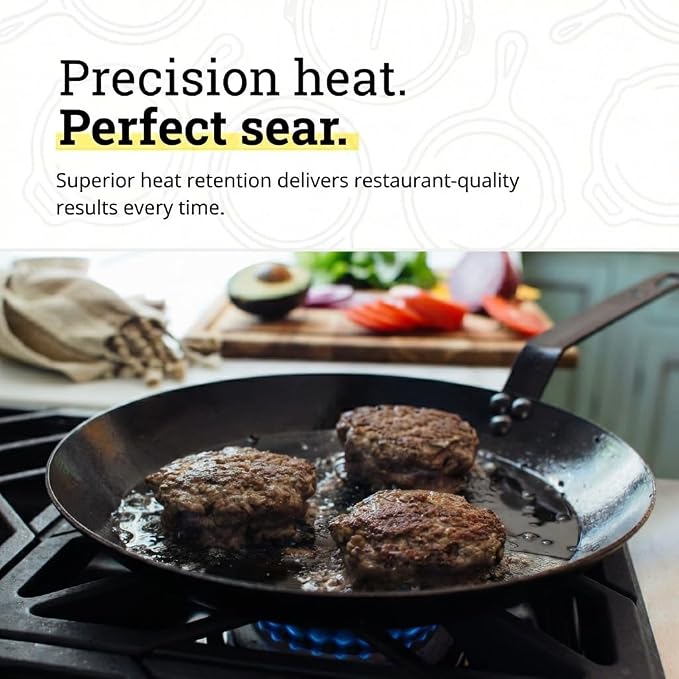 Lodge Seasoned Carbon Steel Skillet - Lightweight High Heat Frying Pan with Long Handle - Quick Temperature Response - Ideal for Searing & Sautéing - 12 Inches