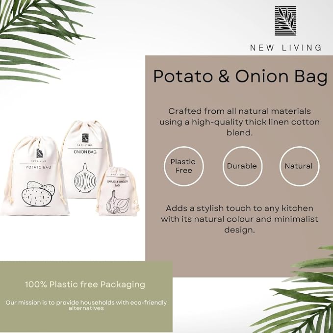 Potato, Garlic & Onion 3 Pack Bundle | Linen Cotton Blend Material | Reusable Food Storage Bags | 30 * 40 cm