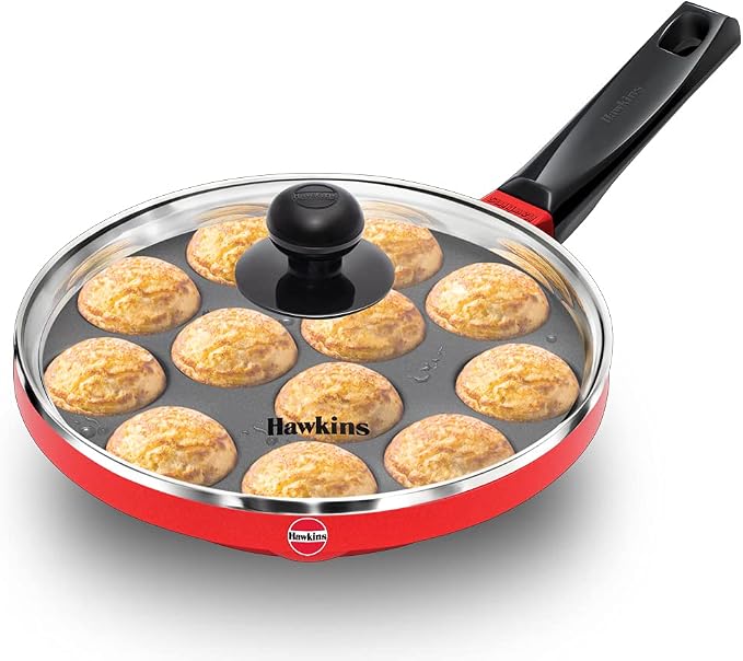 Hawkins Nonstick Appe Pan with Glass Lid, 12 Cups, Diameter 20 cm, Black, Cast Aluminium, Red