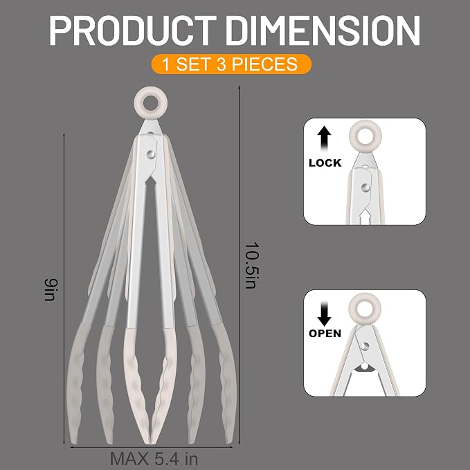 Hotec Silicone Serving Tongs for Cooking 9-Inch Kitchen Tongs with Silicone Tips, Set of 3 (Khaki)