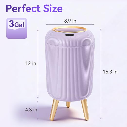 Bathroom Trash Can Automatic Touchless,3 Gallon Purple Gabage can | Motion Sensor Trash Can with Lid and legs,Smart Diaper Garbage Bin,Auto Small WasteBasket for Bedroom,Office,Restroom,Laundry
