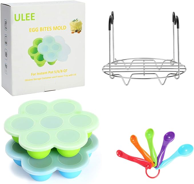 Silicone Egg Bites Molds for Instant Pot Accessories 6 Qt 8 Qt, Including Steamer Rack Trivet with Heat Resistant Handles, 5-Piece Measuring Spoons as Bonus, Sous Vide Egg Poacher