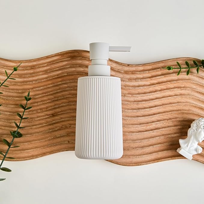 YAUKPH Small Soap Dispenser for Bathroom and Kitchen Matte Beige | Modern Farmhouse Striped Style Plastic Hand Soap Dish Soap Dispenser with Pump
