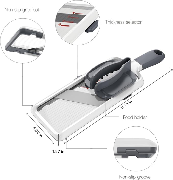 ZKIRON Adjustable Handheld Mandoline Slicer for Kitchen, Ready to Use | 1-3mm Vegetable Slicer with Grip Handle, Hand Guard and Bowl Hook for Cucumbers, Onions, Potatoes and Small-to-Medium Produce