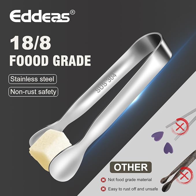 Eddeas Mini Tongs For Serving Food，Set fo 12 Small Tongs For Appetizers，Small Stainless Steel Metal Cooking Tong，for Tea Party Coffee Bar, 4 inch Sugar Tong - Silver