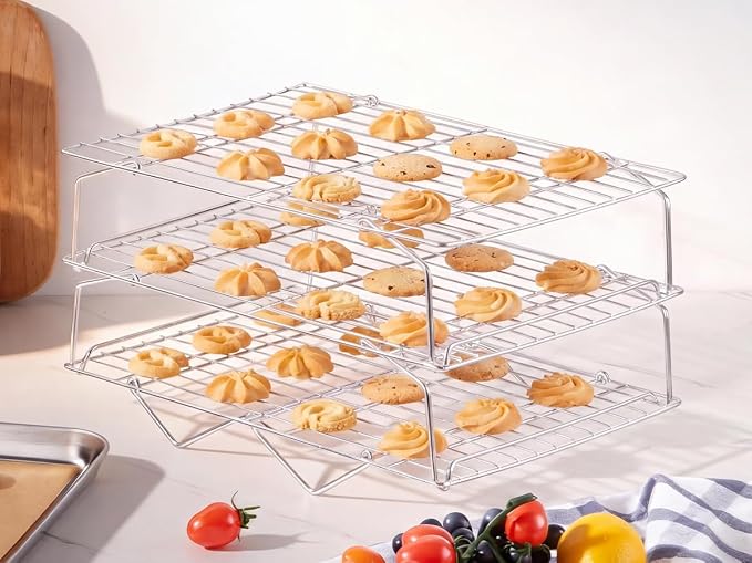 LIANYU Cooling Rack 15"x10", 3-Tier Stackable & Collapsible Cooling Racks | Stainless Steel Wire Baking Racks Fits Jelly Roll Pan, Great for Cooking, Baking, Roasting, Grilling, Oven & Dishwasher Safe