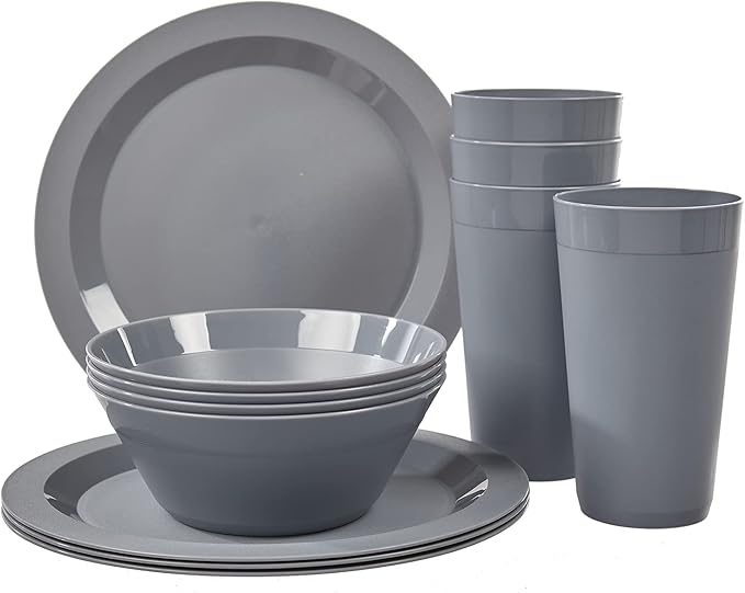 US Acrylic Newport Plastic Plate, Bowl and Tumbler Dinnerware Set for 4 in Grey Stone | 12-Piece Drinking and Dining Set | Reusable, BPA-free, Made in the USA, Top-rack Dishwasher Safe