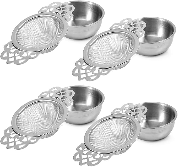 Picowe 4 Pack Tea Strainer Bowl, Stainless Steel Sliver Tea Strainers for Loose Tea Fine Mesh for 2.5-4 Inch Cup Mouth