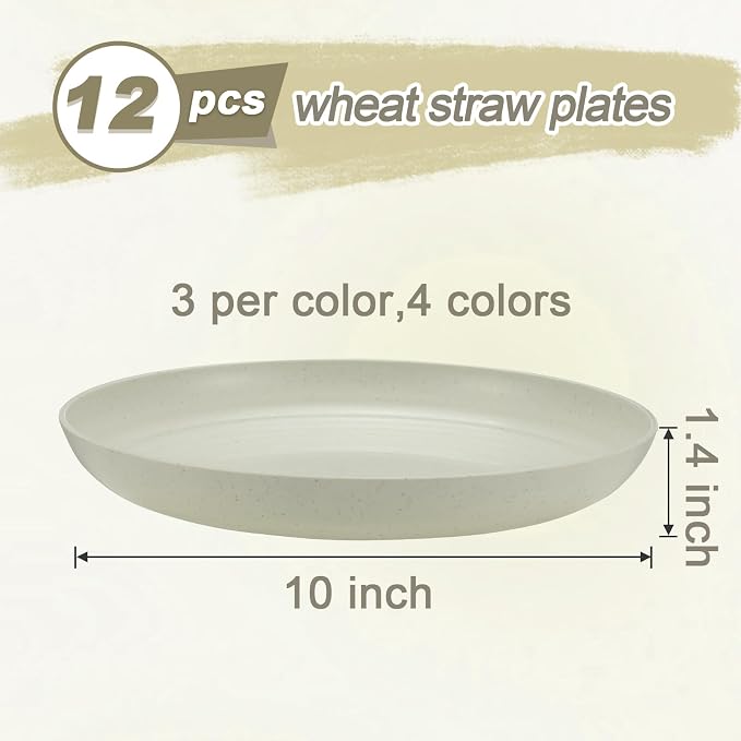 HEYCOME 12 Pcs Unbreakable Deep Dinner Plates Set, 10 inch Reusable Plastic Wheat Straw Plates, Microwave and Dishwasher Safe Plate for Kitchen, Lightweight Plate for Dessert, BPA Free, 4 Colors