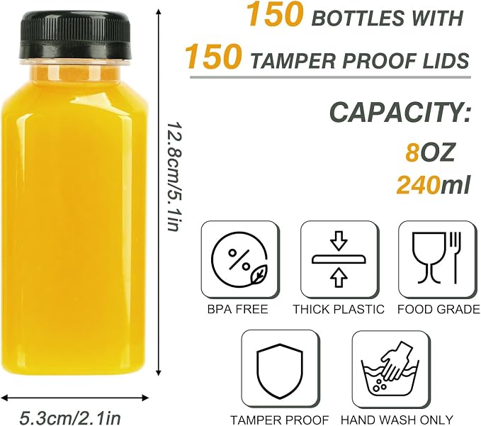 150pcs 8oz Plastic Juice Bottles with Caps, Sticker Labels, Brush | Empty Reusable Clear Bottles with Label, Funnel and Brush Beverage Containers Bulk with Lids for Juicing, Smoothies, Fridge