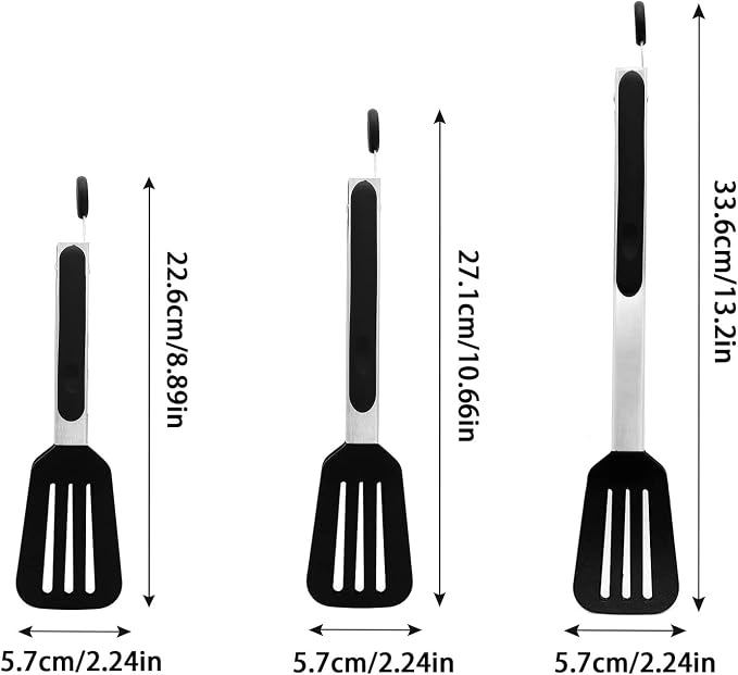 3 PCS Stainless Steel & Silicone Cooking Tongs Set (7", 9", 12") | Heat Resistant, Non-Stick, Locking Handle, Dishwasher Safe, for Grilling Steak Salad Pasta Buffet Serving, Black