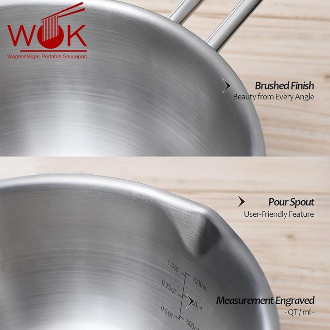 WAGENSTEIGER Mini Wok 200mm Stainless Steel, 3-Ply Aluminum Core Base, Induction Compatible Small Wok Pan, Ramen Pot for Camping & Outdoor Cooking