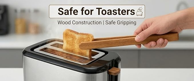 12-Inch Premium Cherry Wood Toaster Tongs – Single Piece Natural Wooden Tongs for Toast, Bread, Salad & Meat – Durable Heat-Resistant Kitchen Tongs with Ergonomic Easy-Grip Design