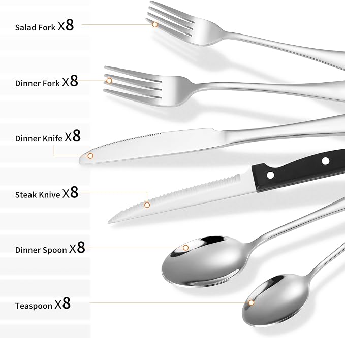 Lazycorner 53 Piece Silverware Set for 8, Flatware Set with Steak Knives for 8 and 5 Public Serving Use Set 18/10 Stainless Steel Serving Utensils Set Cutlery Set For Restaurant Hotel Dishwasher Safe