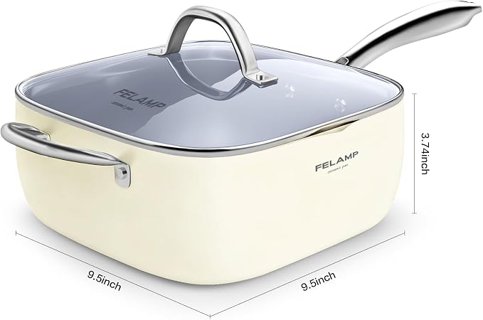 FELAMP 9.5-Inch Ceramic Nonstick Deep Square Frying Pan Set with Glass Lid, Stainless Steel Fry Basket & Steamer Rack, Induction Compatible, Oven &Dishwasher Safe, 4-Piece Square Pan Chef Cookware Set