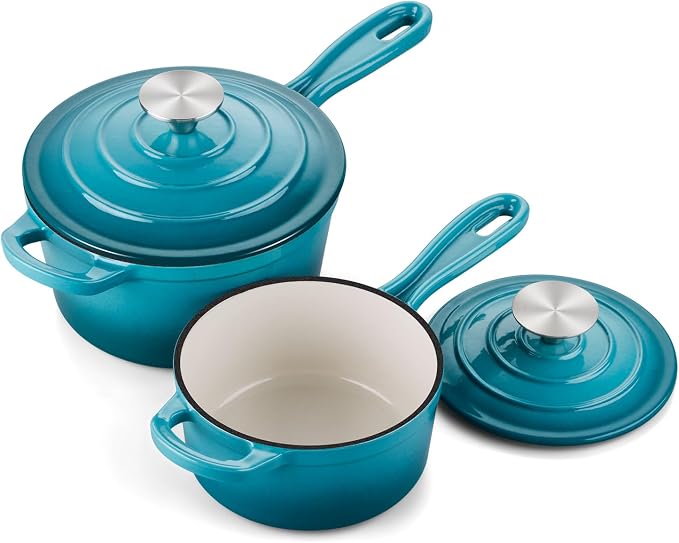 Onader 1QT & 2QT Saucepan Set with Lid, Enameled Cast Iron Sauce Pan Pot, Small Dutch Oven Cooking Kitchen Pot, Nonstick & Heavy Duty, Induction Compatible – Dark Cyan