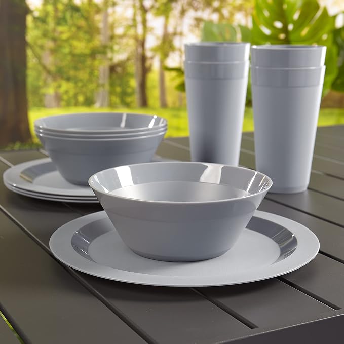 US Acrylic Newport Plastic Plate, Bowl and Tumbler Dinnerware Set for 4 in Grey Stone | 12-Piece Drinking and Dining Set | Reusable, BPA-free, Made in the USA, Top-rack Dishwasher Safe