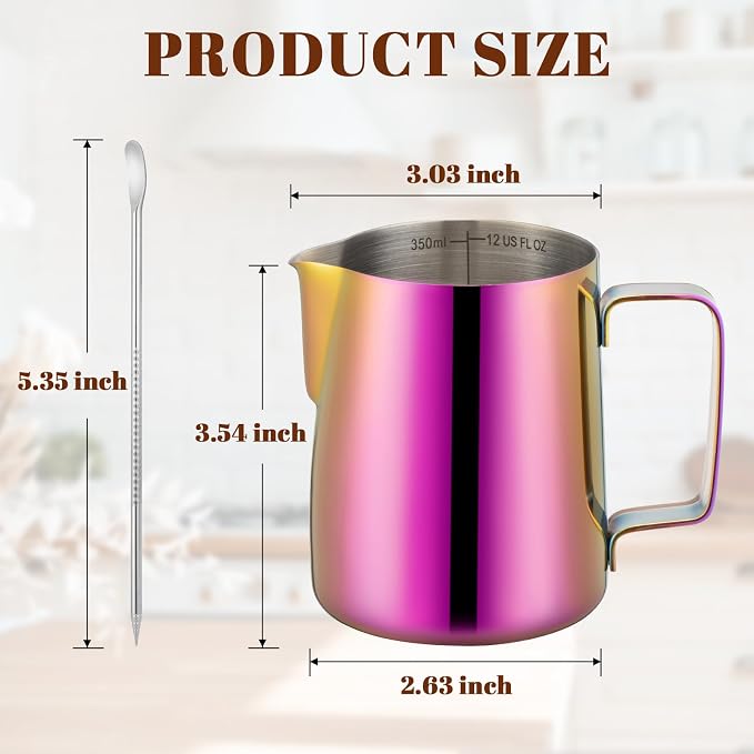 Amrules Milk Frothing Pitcher 12oz Frother Cup Barista Tools, Multipurple | 18/8 Stainless Steel, 12oz Capacity with Clear Scale, with Decorating Pen, Ergonomic Handle, for Cappuccino, Latte & Espresso
