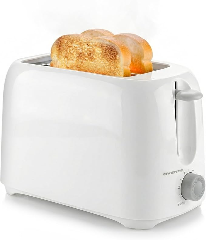 OVENTE Electric 2 Slice Toaster Machine 6-Shade Setting, White TP2210WGY | Compact Design and Removable Crumb Tray, 700W Power Perfect for Toasting Bread, Thin Bagels and Waffles