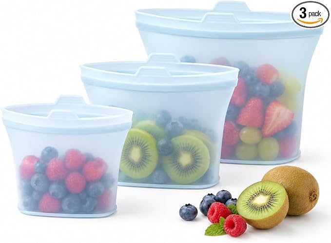 Reusable Silicone Food Storage Bags, 3 Pack 17/34/50 oz, Snack & Meal Prep(Blue)