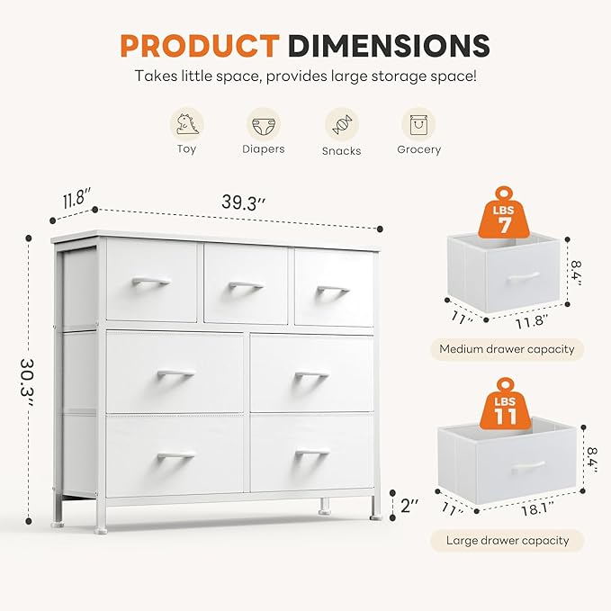 Sweetcrispy 7 Drawer Dresser for Bedroom Storage with Fabric Bins, White | Anti-Tip Closet Organizer, Wooden Top and Sturdy Steel Frame, Spacious Drawers for Clothes Storage, Hallway Entryway