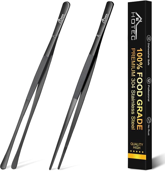 HOTEC Kitchen Tweezers Tongs Stainless Steel Professional Chef Tweezers, Set of 2-12inch Extra-Long Food Tongs for Cooking,Grill and Baking