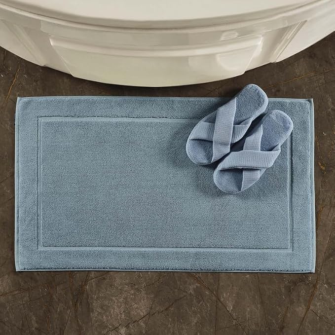 Hawmam Linen Light Blue Bath Mats, 21 x 34 inches, Pack of 2-100% Ring Spun Cotton,[Not a Bathroom Rug] Banded Design, Highly Absorbent, Machine Washable for Bathroom Floor Towel