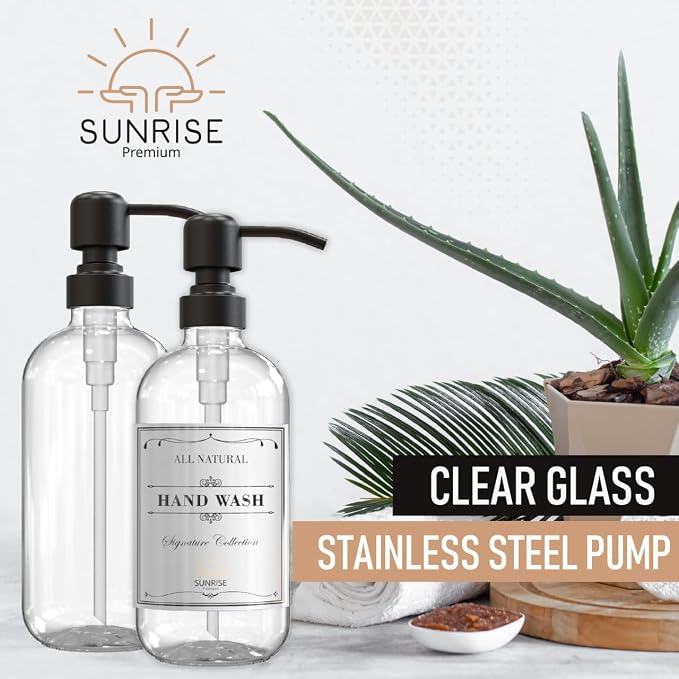 Clear Glass Soap Dispenser with Pump, 16 oz | Clear Glass, Matte Black Stainless Steel Pump, Bathroom and Kitchen Sink use, 6 Waterproof Labels, (Pack of 2)