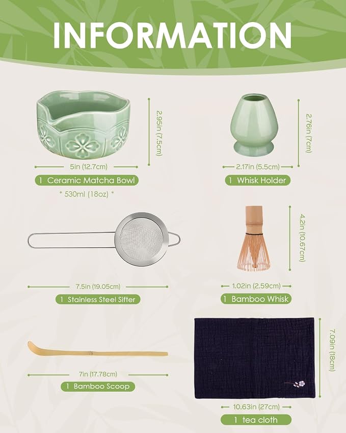 Matcha Whisk Set, Ceramic Matcha Set Includes Matcha Bowl and Matcha Whisk | Holder, Spout, Bamboo Scoop, Sifter and Tea Towel - 6 Pcs Matcha Kit Gift for Matcha Lovers Beginners
