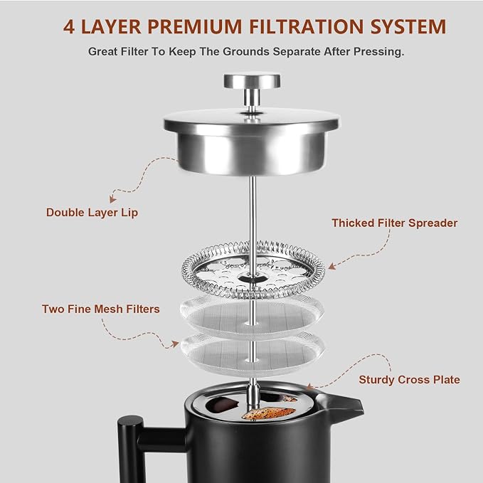 34 OZ Large French Press, Premium Stainless Steel French Press Coffee Maker | Sturdy Insulated French Coffee Press 4 - 8 Cups, Tea Presses for Home Kitchen Camping Travel Loose Tea, Elegant Black