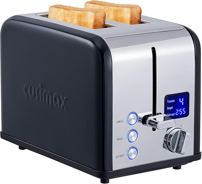 CUSIMAX 2 Slice Stainless Steel Toaster with Digital LED Display, Black | 1.5'' Wide Slots for Bagels & Thick Bread, Countdown Timer, 6 Browning Levels, Bagel/Defrost/Cancel, Removable Crumb Tray