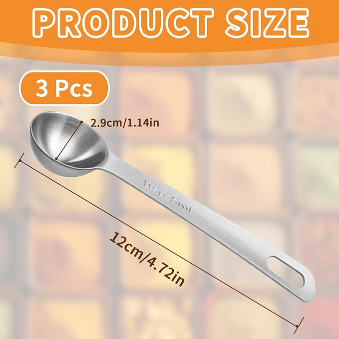 3 Pcs Stainless Steel Measuring Spoons – 5ml/1 Tsp Short Handle Scoops for Baking, Liquid Ingredients & Tea, Soup & Kitchen Cooking