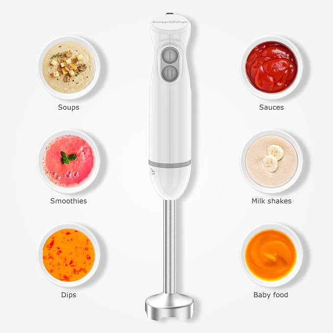 Bonsenkitchen Immersion Blender with 2 Mixing Speed,Stainless Steel Blades | Ergonomic Handle, Emulsion Blender, Stick Mixer for Baby Food,Smoothies, Soups & Sauces