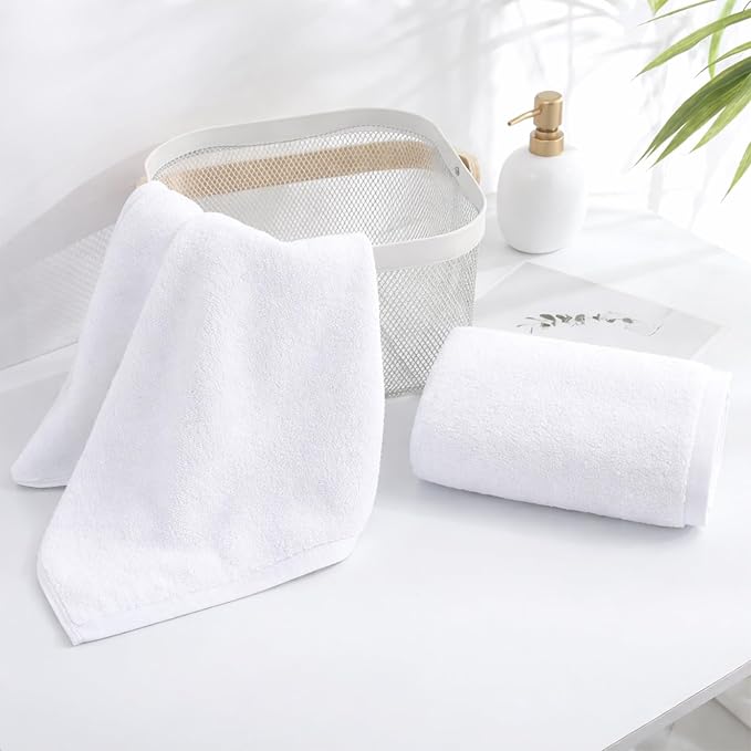 12-Pack White Cotton Hand Towels for Bathroom with Hanging Loops | Sink-side towels for drying hands and face, ideal for bathrooms, guest baths, powder rooms, OEKO-TEX certified, easy care