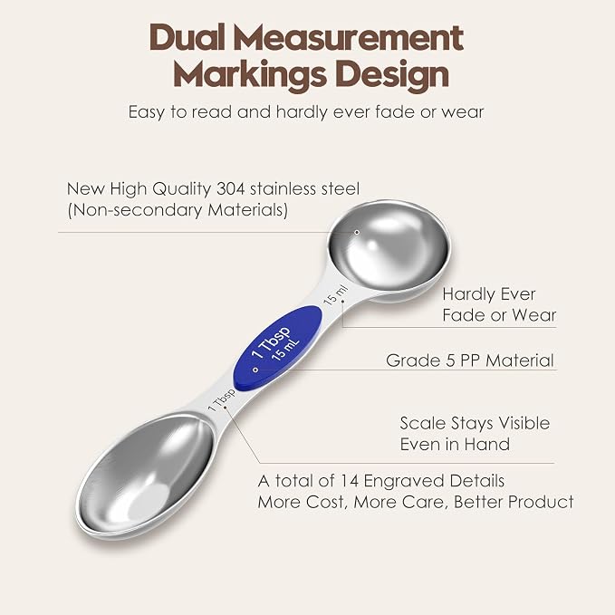 Magnetic Measuring Spoons Set with Measurement Markings | Colorful | Heavy duty 304 stainless steel spoons with strong N52 magnets & triple measurement markings for easy nesting & cleaning.