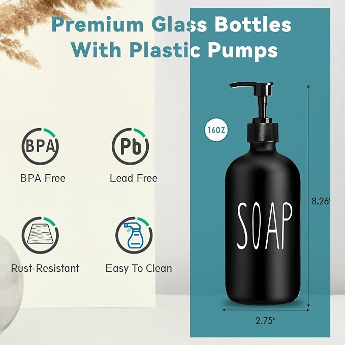 COHOSEGE Glass Soap Dispenser Set 2 Pack,16 Oz Hand Soap Dispenser for Bathroom,Black Kitchen Accessories and Bathroom Decor,Soap and Lotion Dispenser Set for Bathroom
