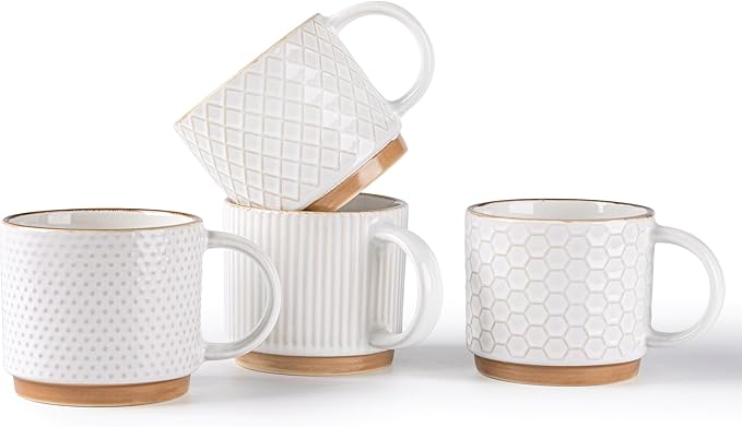 GBhome 6 OZ Stackable Coffee Mugs Set of 4, Ceramic Coffee Cups Set | 4 Assorted Designs, Embossed Mugs with Texture Patterns for Espresso/Tea, Dishwasher&Microwave Safe, Off White