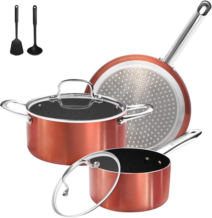 M MELENTA Pots and Pans Set 7 piece, Non Stick Copper Ceramic Cookware Set | Compact Starter Cookware, Nonstick Pots and Pans Set, Induction Cookware, Kitchen Cooking Set, Oven Safe, PFAS & PFOA Free