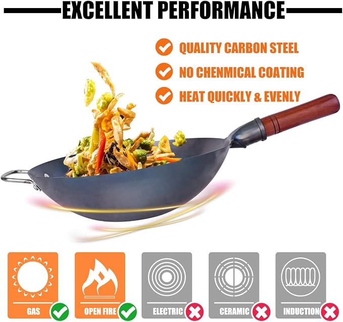Teewe Carbon Steel Wok Traditional Hand Hammered - 13.4" Chinese Woks Round Bottom Wok Pan Set with 8 Pcs Cookware Accessories