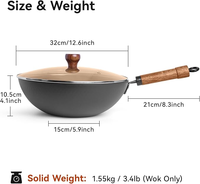 WANGYUANJI Carbon Steel Wok Pan with Lid, 12.6" Hammered Stir Fry Pan, Thickened Heavy Duty Flat Bottom Wok for Electric, Induction & Gas Stoves, Detachable Wood Handle, No Chemical Coating (Black)